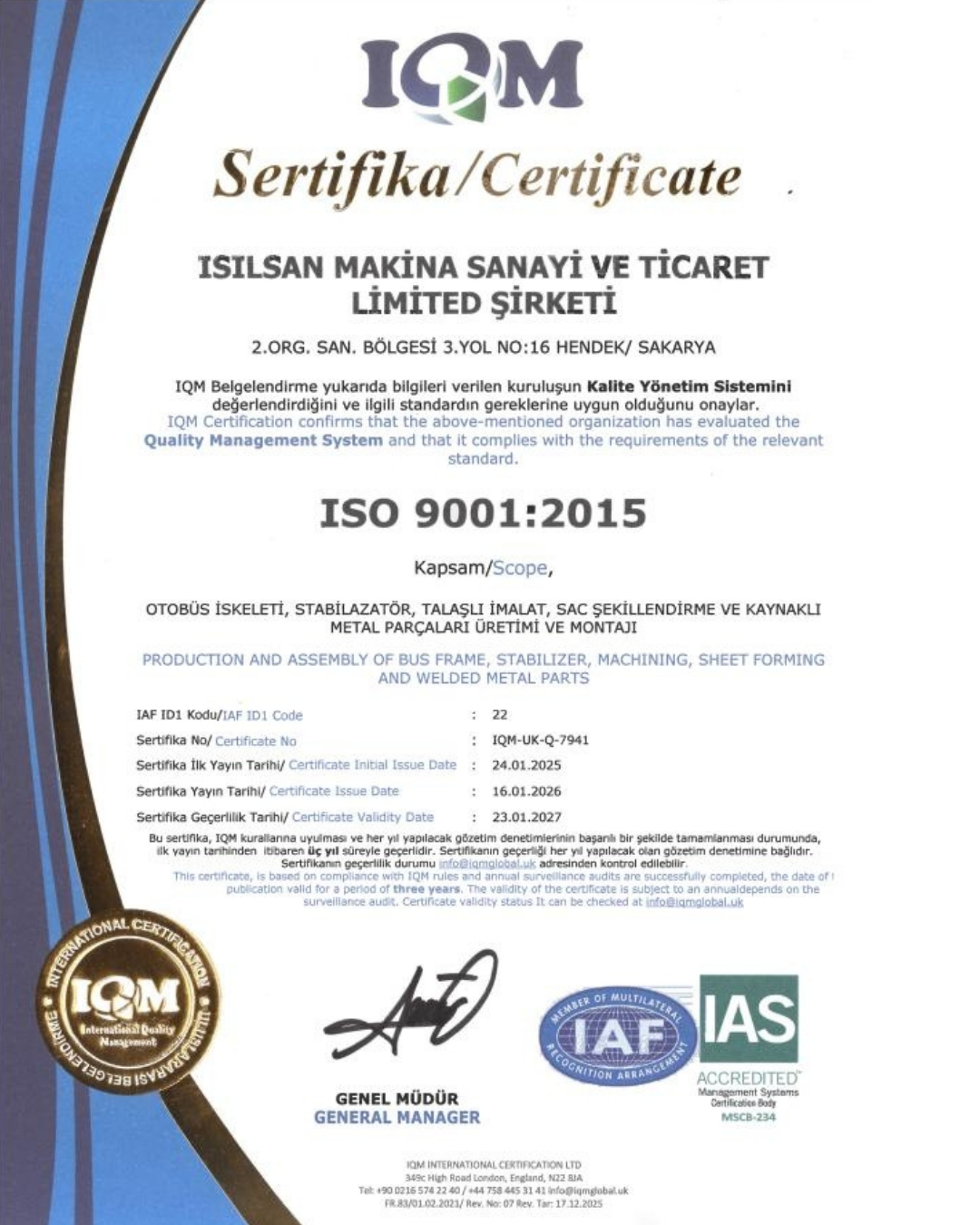 Kalite Yönetim Sistemi Sertifikası - ISO 9001:2015