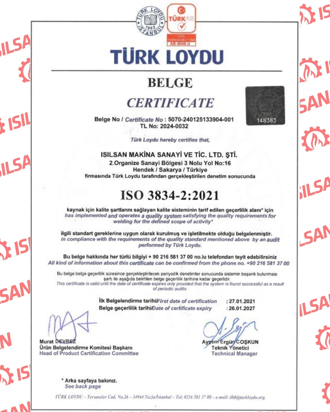 Türk Loydu Onaylı Kaynaklı İmalat Yeterlilik Belgesi - ISO 3834-2:2021 
